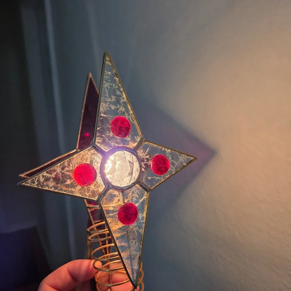 Vintage Tiffany Style‎ Stained Glass Christmas Tree Topper Lighted Red Gold